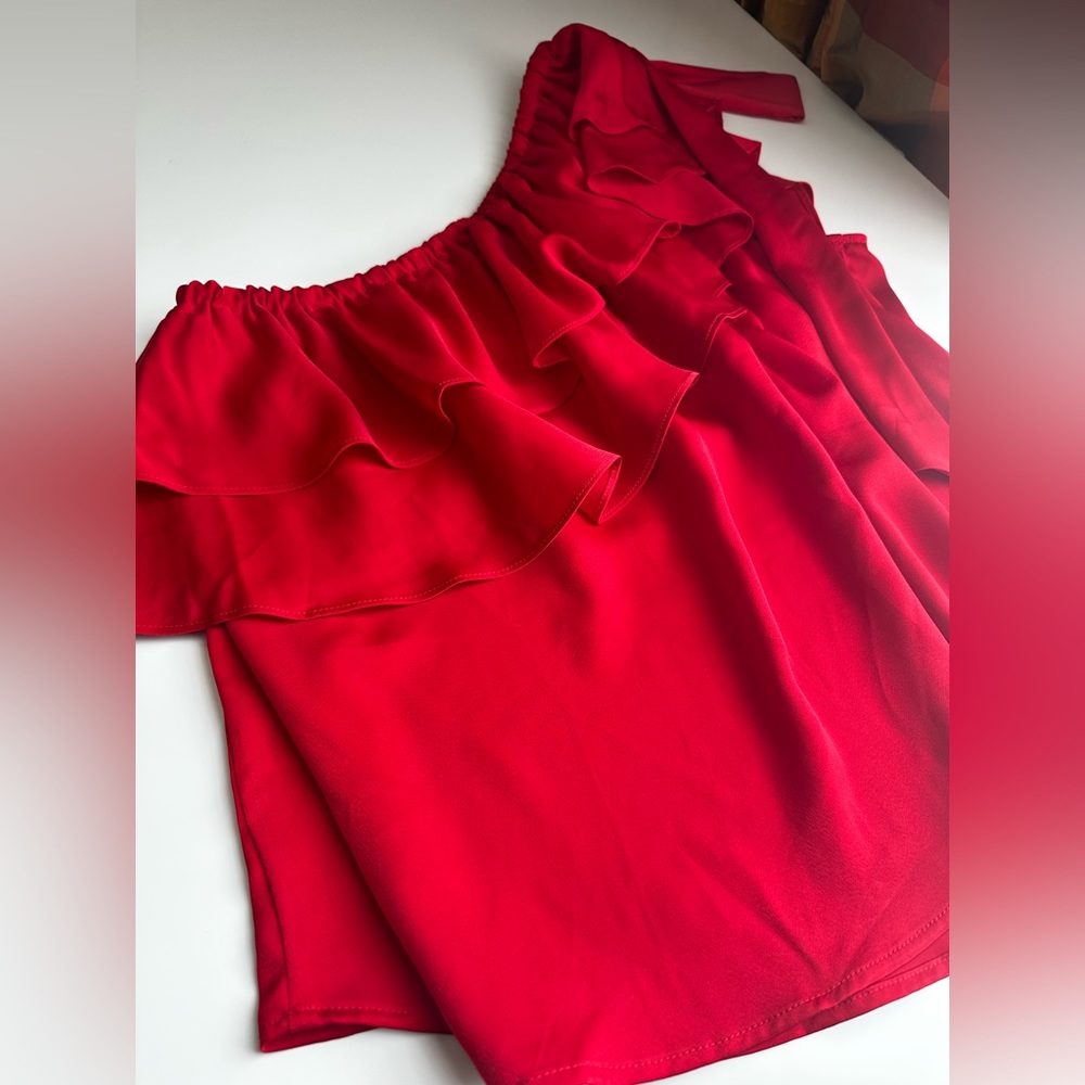 CeCe Asymmetrical One Shoulder Ruffle Blouse - Picture 9 of 10